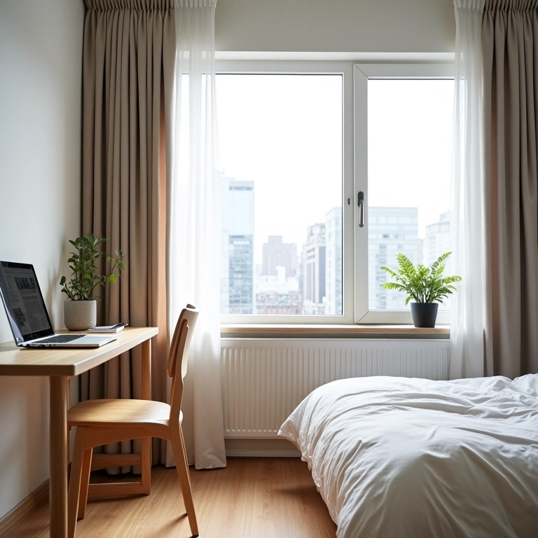 Apartamento estúdio moderno e bem iluminado com vista para a cidade.