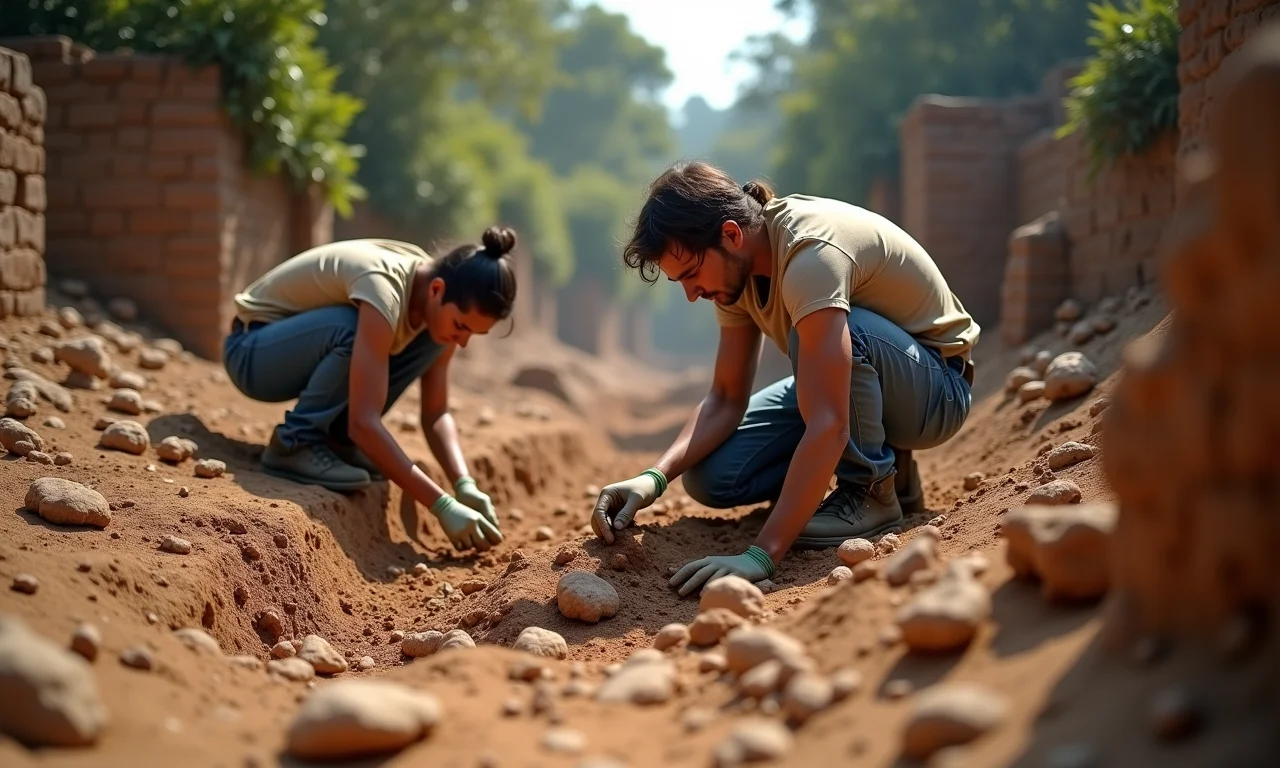 Arqueólogos em escavação em sítio histórico brasileiro.