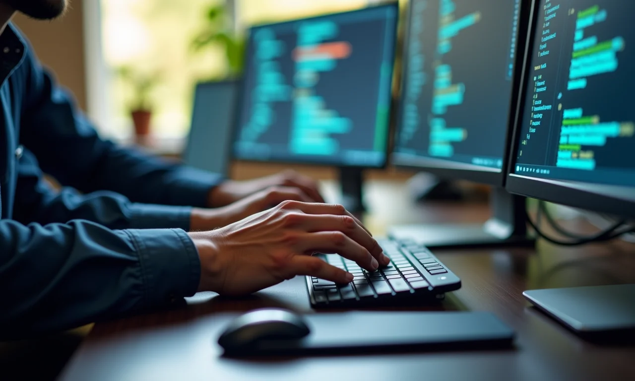 Arquiteto de soluções AWS codificando, focado na tela, mostrando a expertise em computação em nuvem.