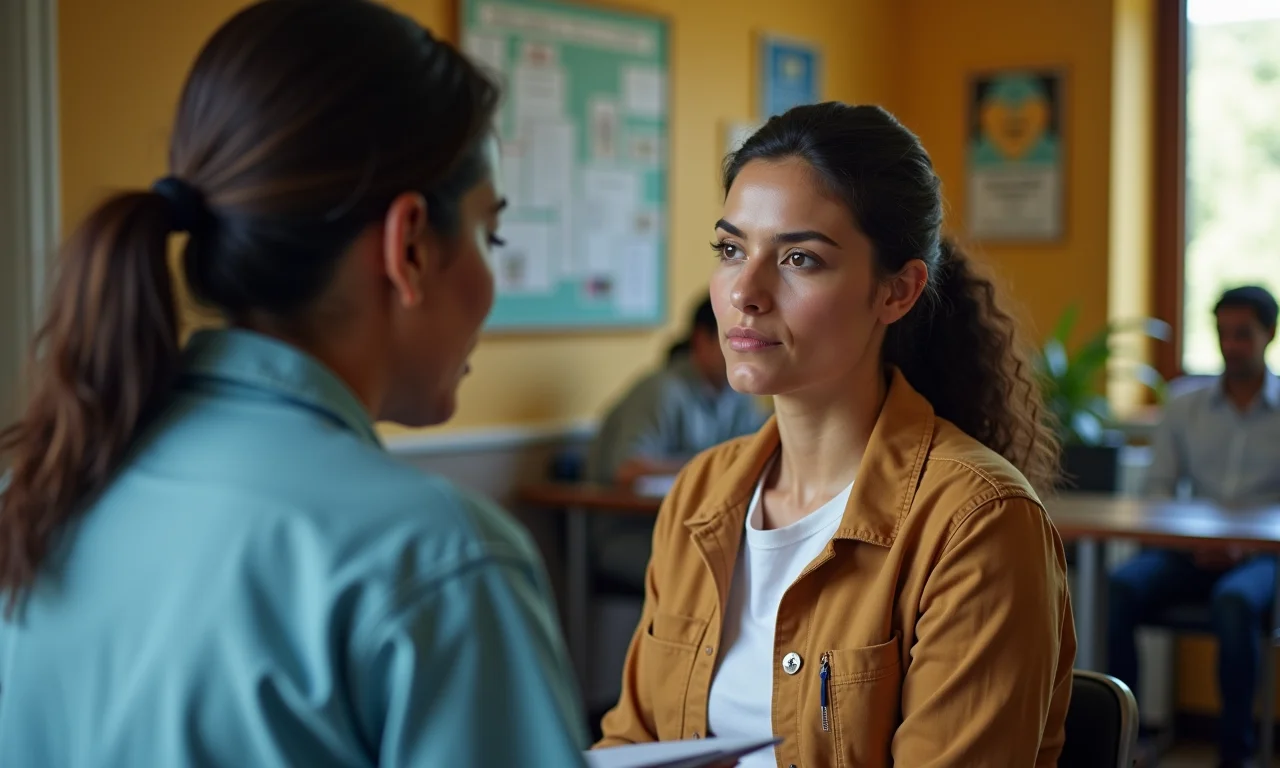 Assistente social atendendo paciente em clínica de saúde pública com empatia e profissionalismo.