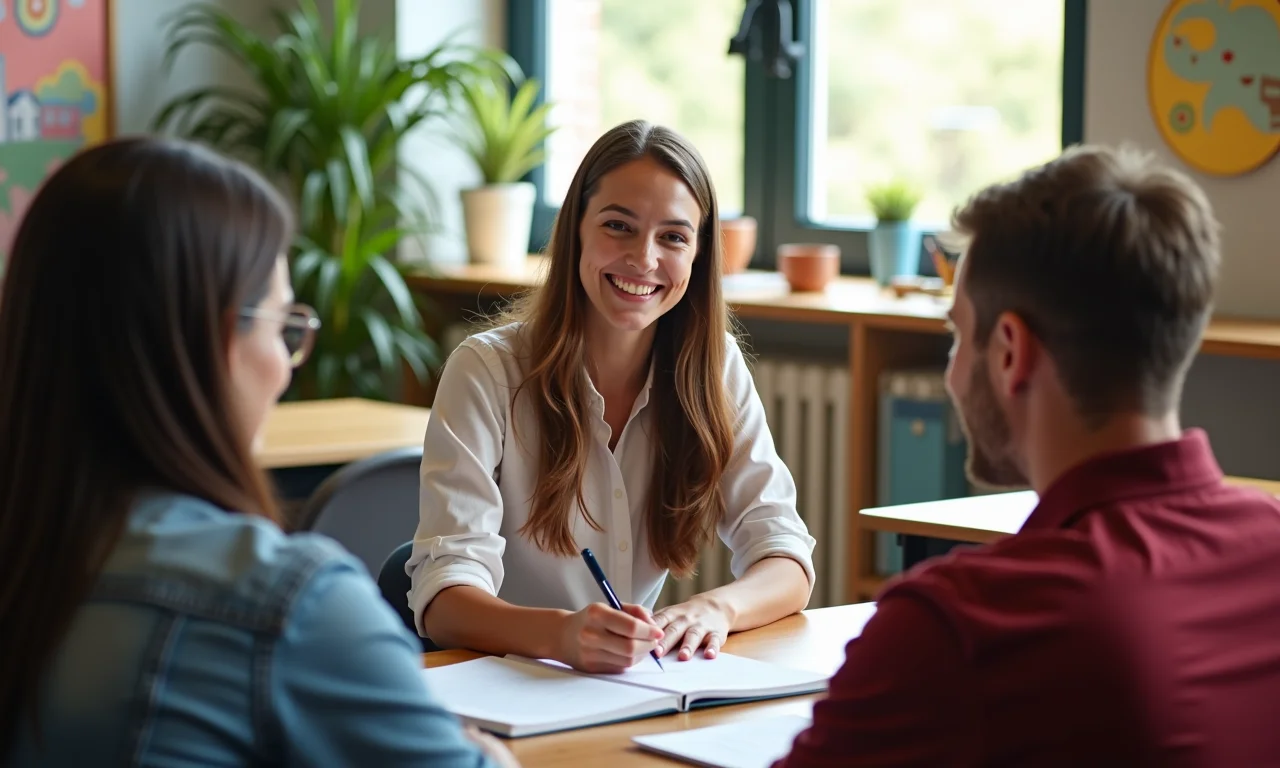 Assistente social conduzindo sessão de grupo com adultos em sala de aula iluminada.