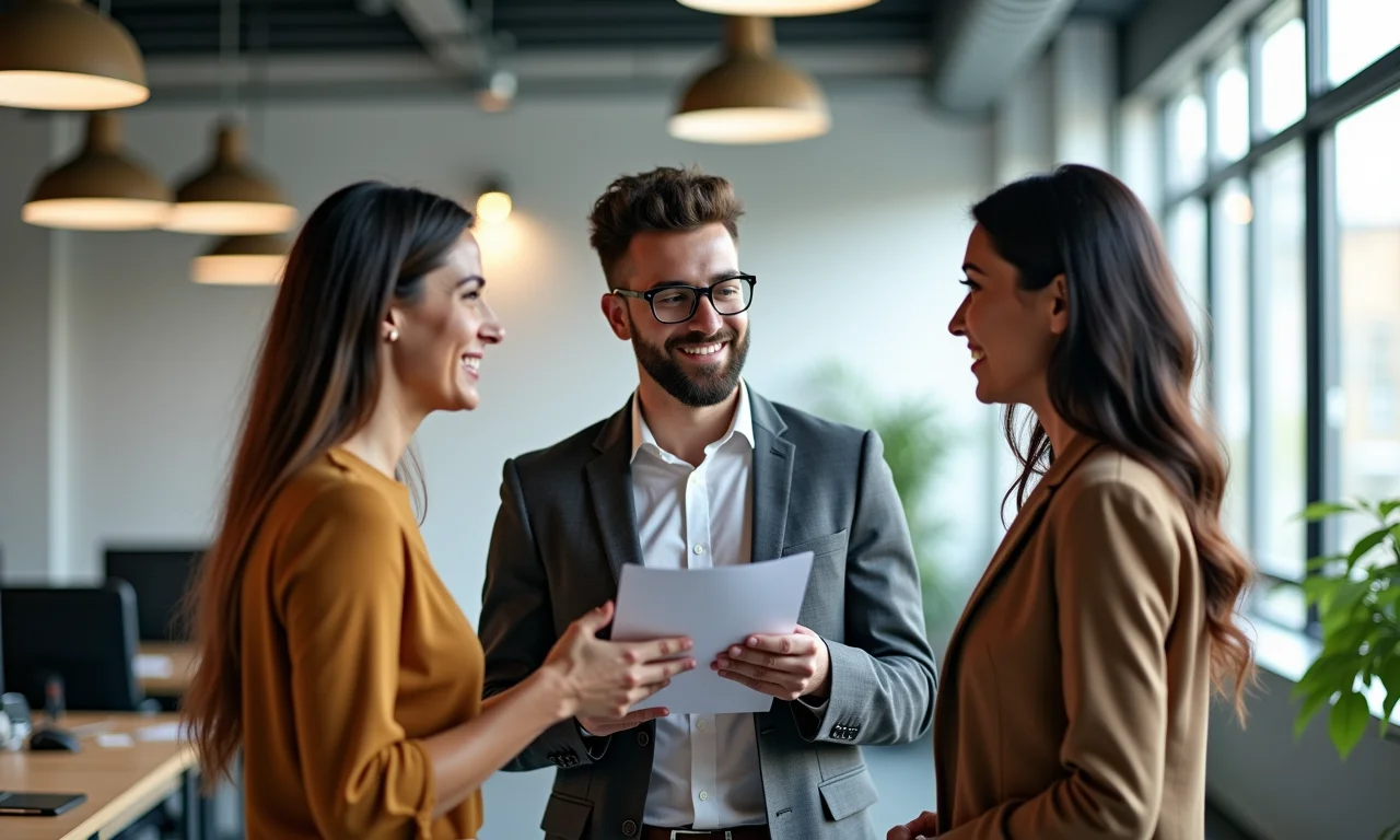 Assistente social consultando com RH em empresa brasileira sobre programas de bem-estar.