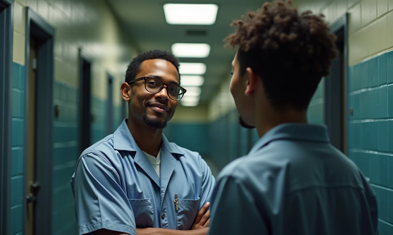 Assistente social oferecendo apoio a um detento em um ambiente prisional.