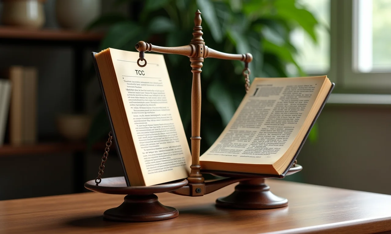 Balança comparando TCC e artigo científico, mostrando suas diferenças.