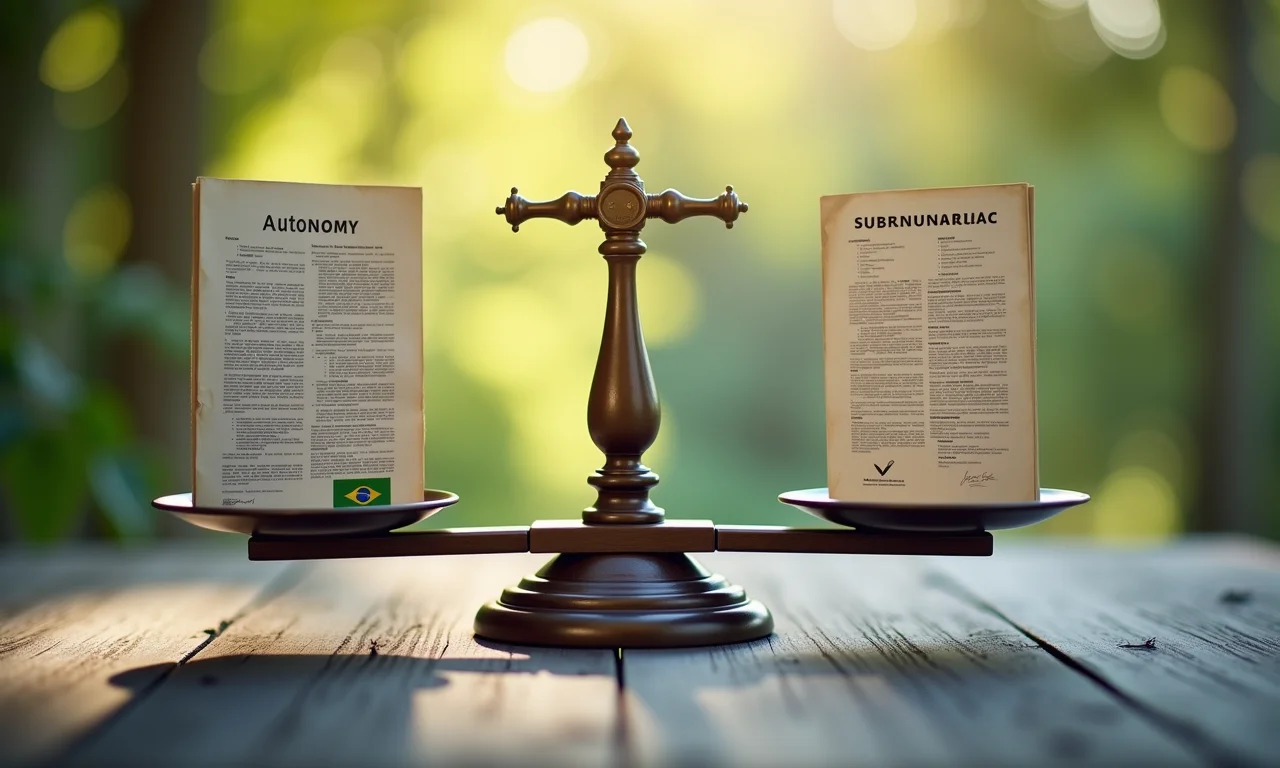 Balança equilibrando 'Autonomia' e 'Subordinação' com um documento brasileiro de cada lado.