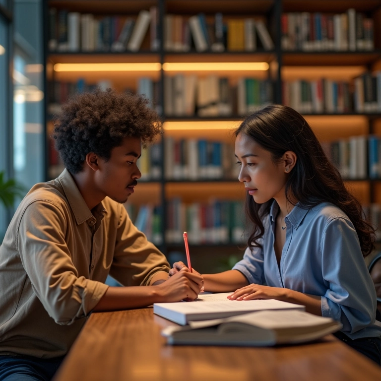 Bibliotecária auxiliando um leitor em biblioteca.