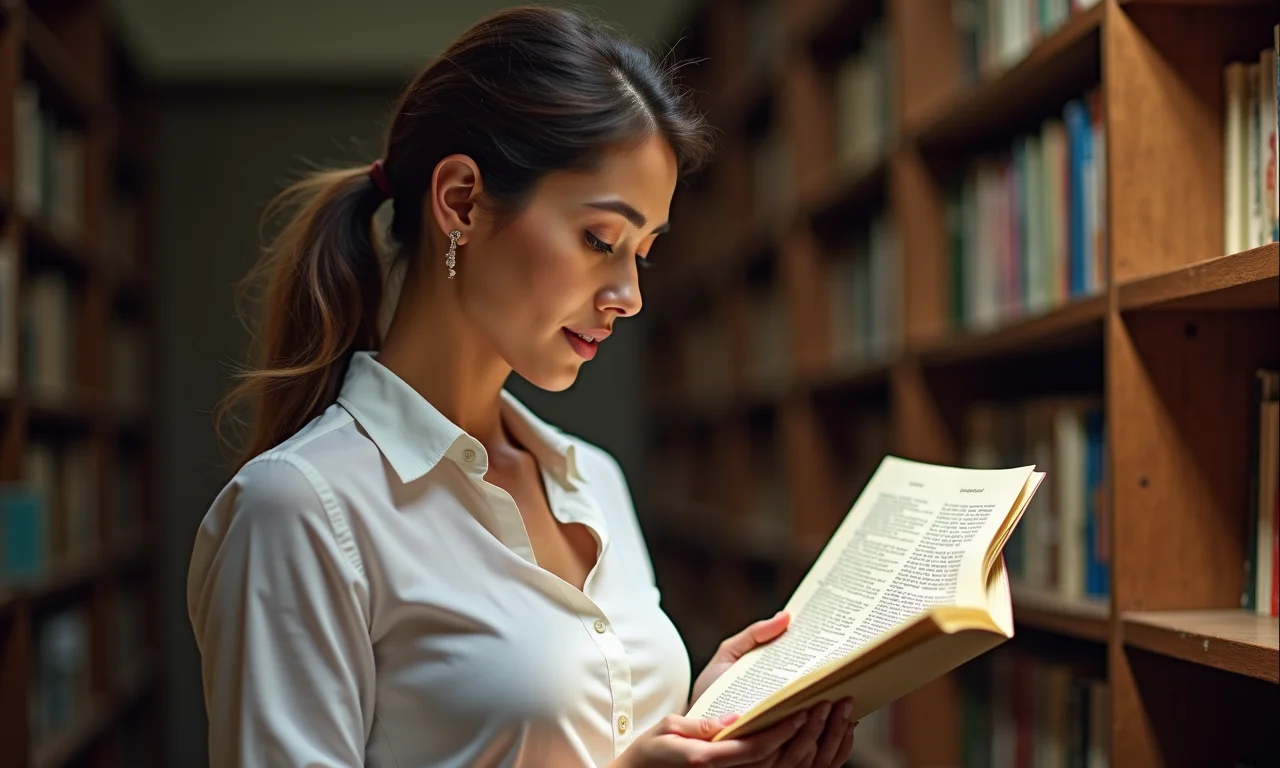 Bibliotecária digitalizando documentos antigos em arquivo.