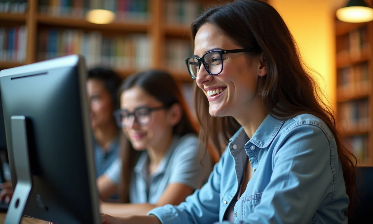 Bibliotecário auxiliando estudante em pesquisa online.