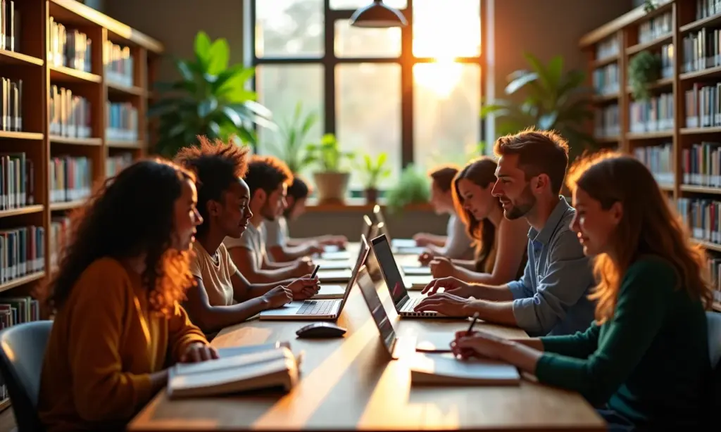 Bibliotecários em biblioteca moderna auxiliando diversos usuários.