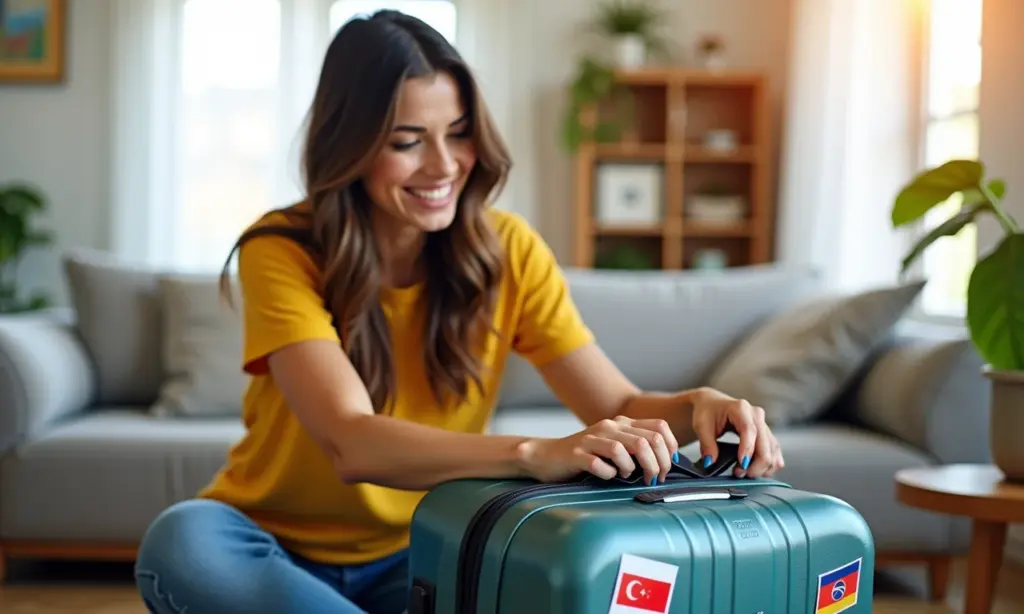 Vagas de Emprego no Exterior Para Brasileiros Guia de Oportunidades Brasileira animada arrumando mala para trabalhar no exterior.