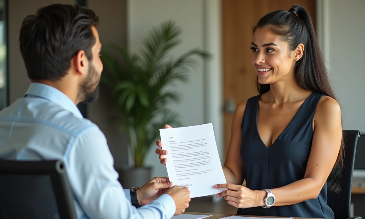 Brasileira entrega carta de demissão em ambiente de trabalho.
