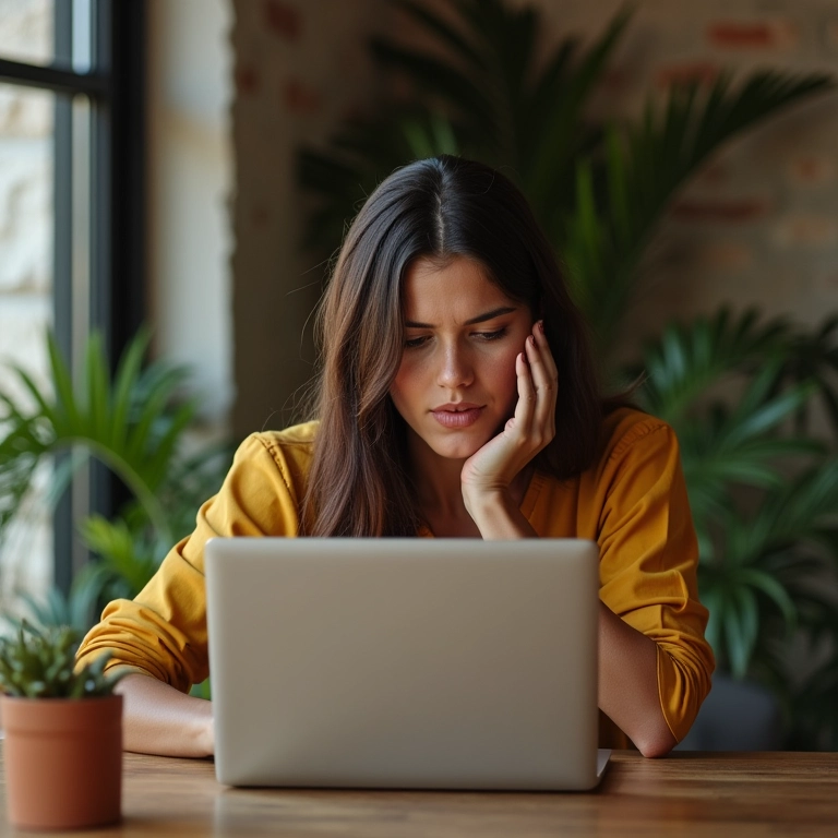 Brasileira estressada com contas no feriado, decoração estilo Farm Rio.