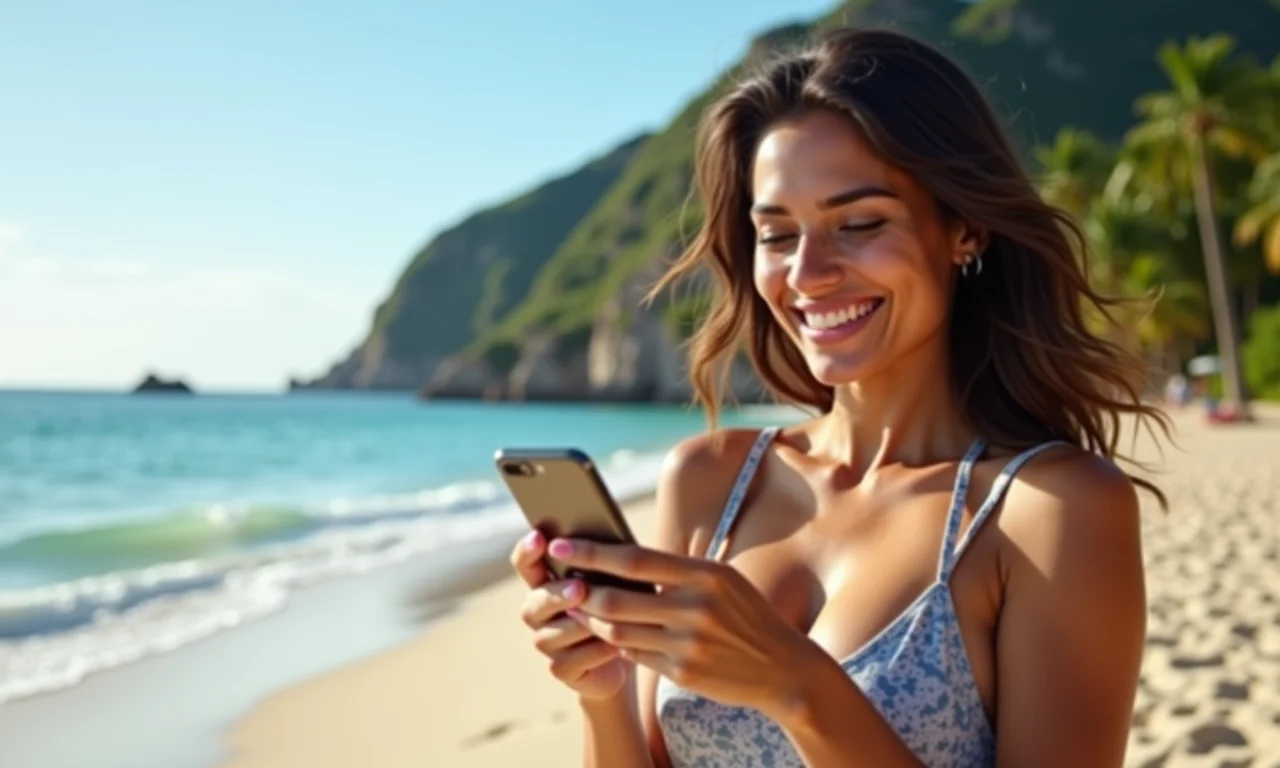 Brasileira feliz usando aplicativo de benefícios de férias na praia.