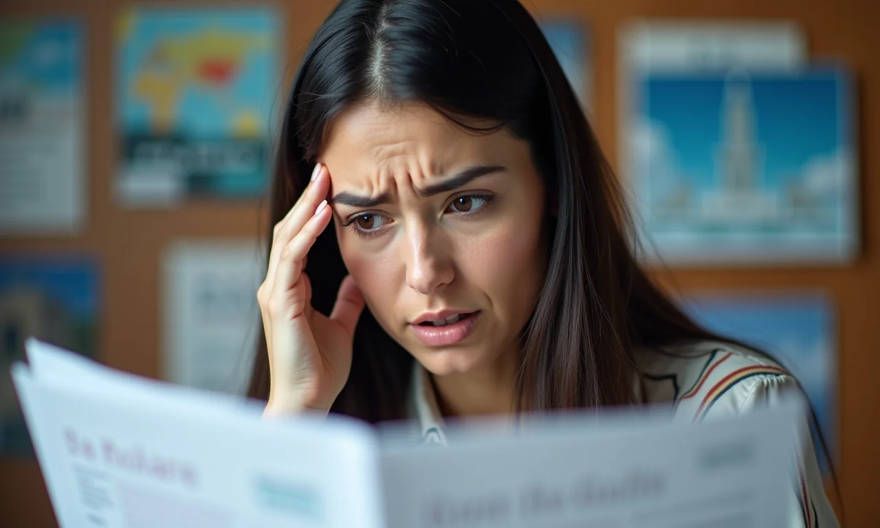 Brasileira revisando documentos de visto com expressão preocupada.