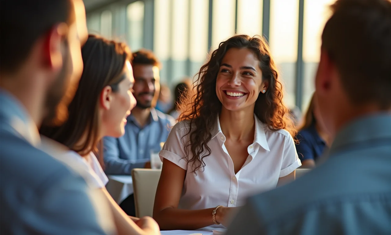 Brasileira sorrindo conversando em conferência internacional.