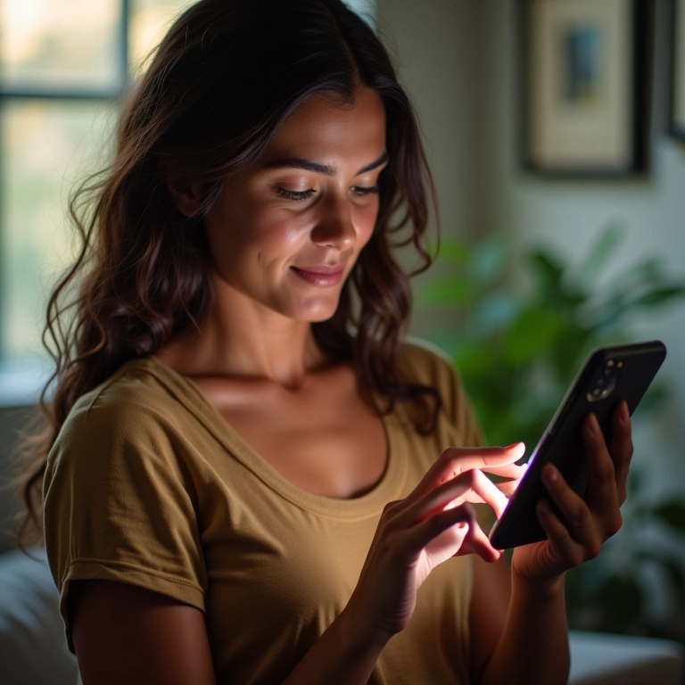 Brasileira usando smartphone para acessar recursos financeiros online.