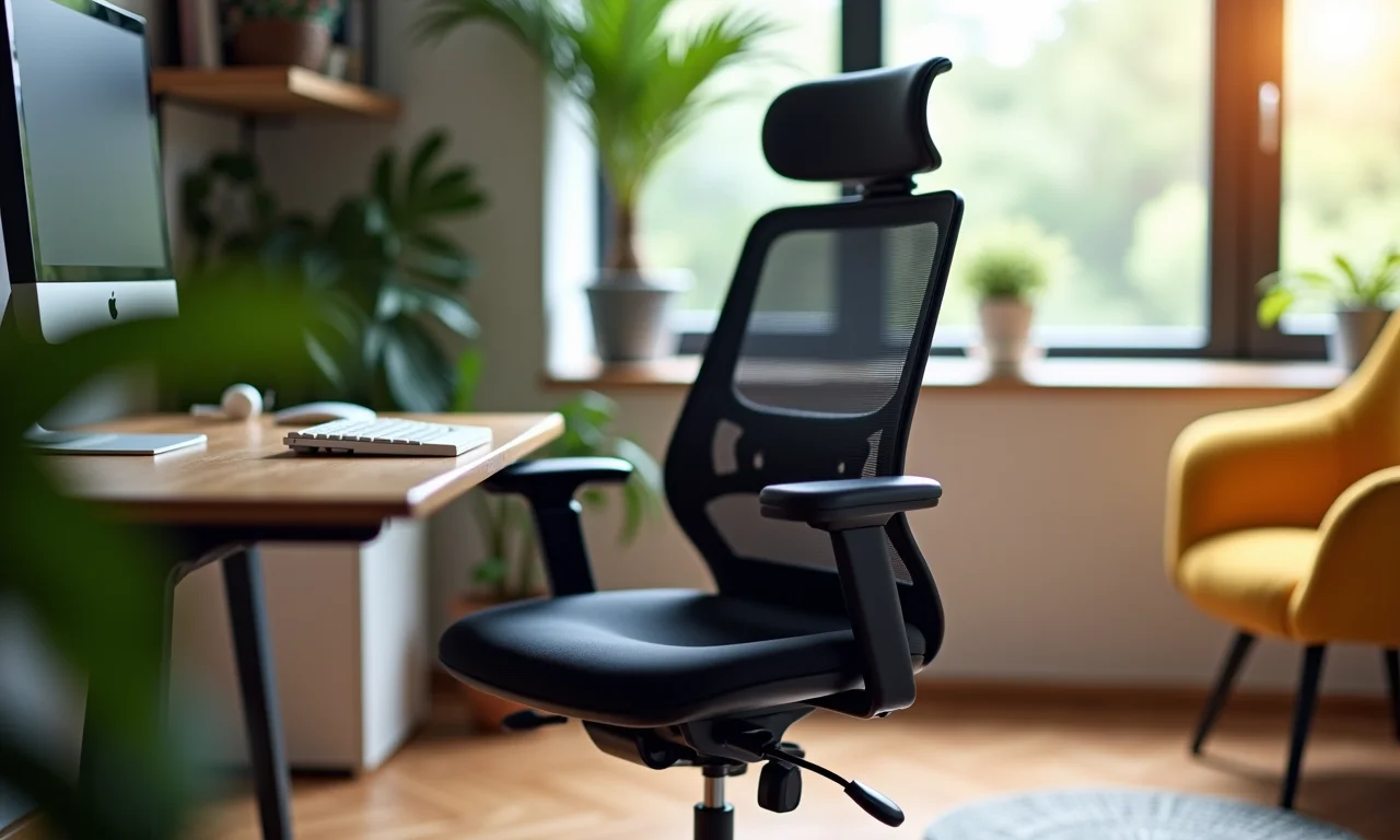 Cadeira ergonômica ajustável em escritório de estilo brasileiro.