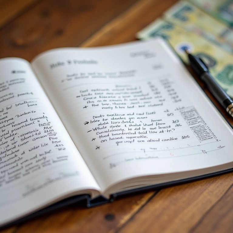 Caderno aberto com planejamento financeiro, reais e calendário.