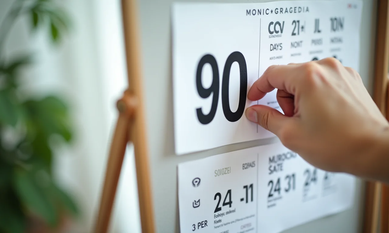 Calendário marcando 90 dias, representando a duração máxima do contrato de experiência.