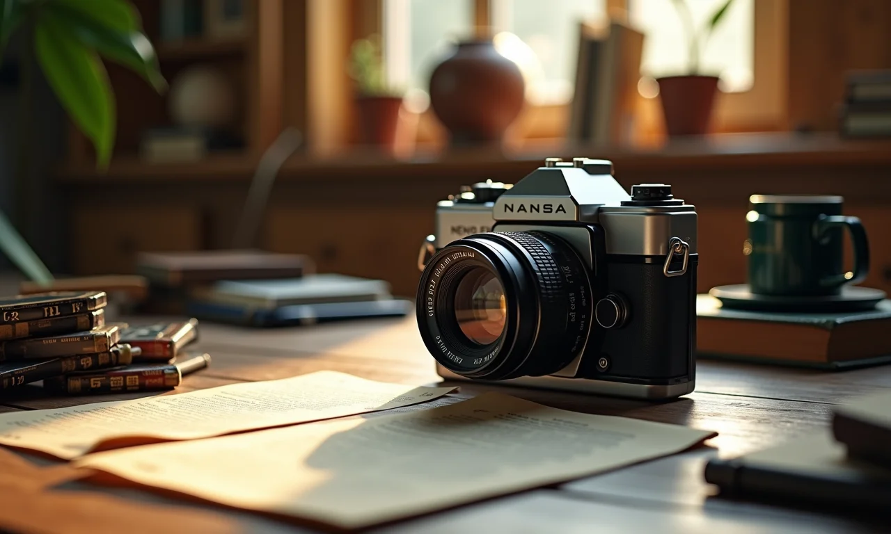 Câmera de filme vintage sobre mesa com roteiros e bobinas.