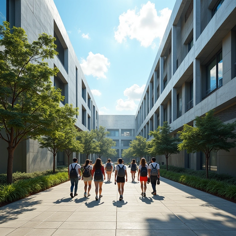 Campus universitário com estudantes diversos.