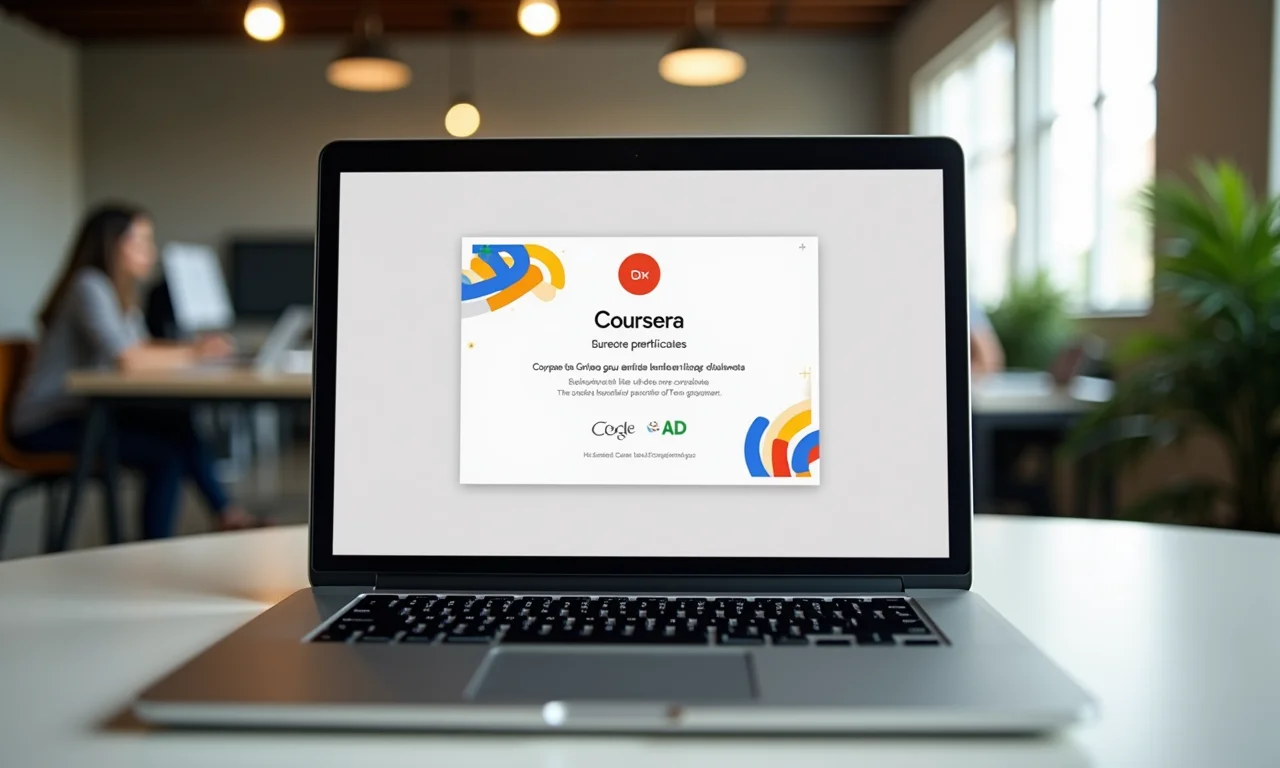 Certificado Coursera de Google Ads em um laptop.