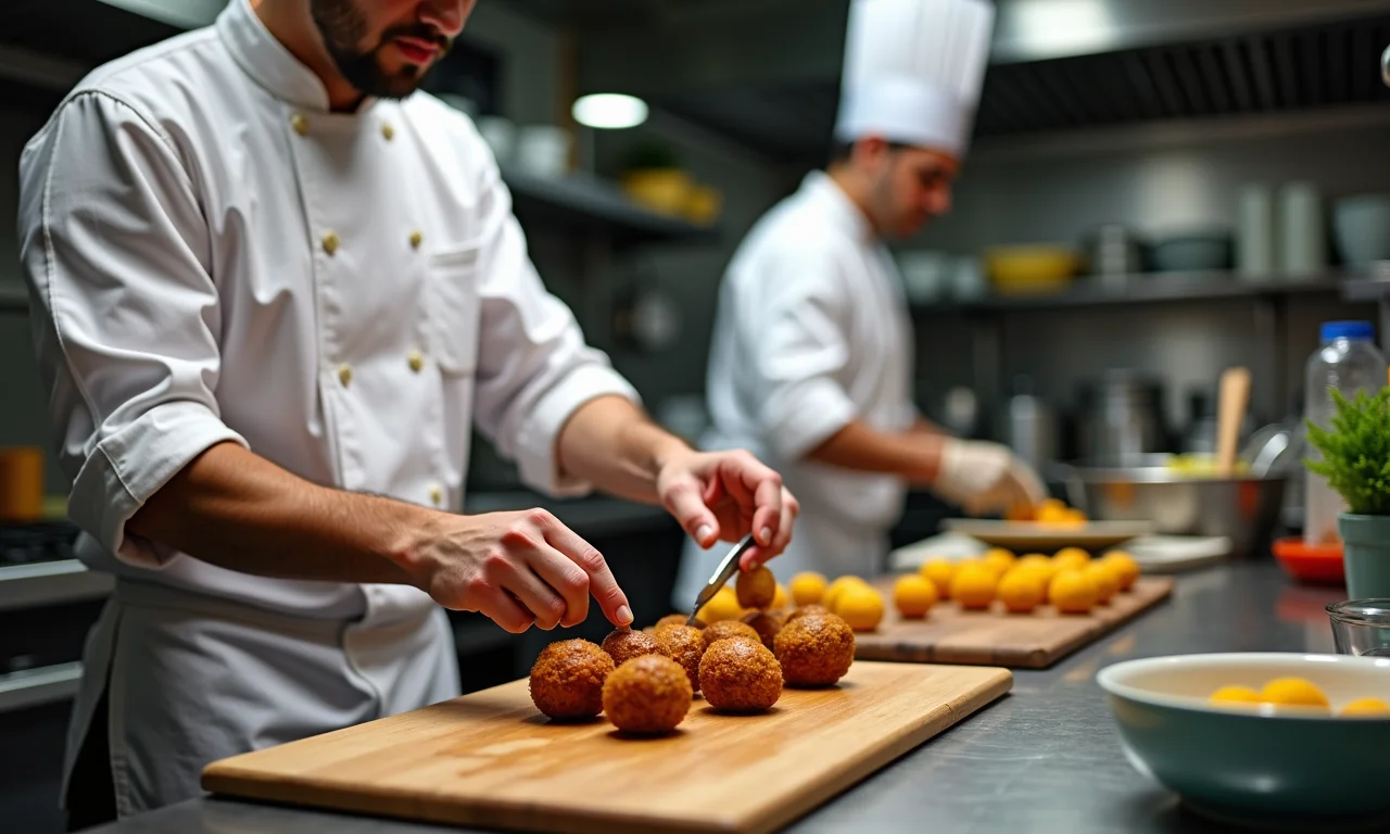 Chef preparando brigadeiros em cozinha iluminada.
