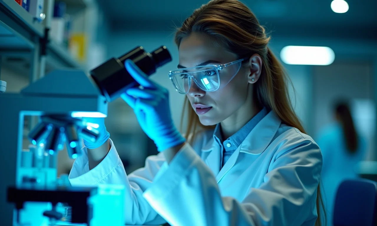 Cientista examinando amostras em laboratório de genética com equipamentos modernos.