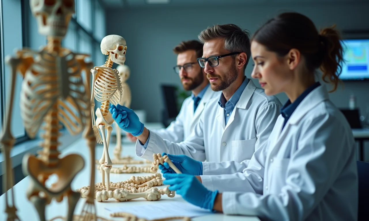 Cientistas analisando esqueletos em laboratório.