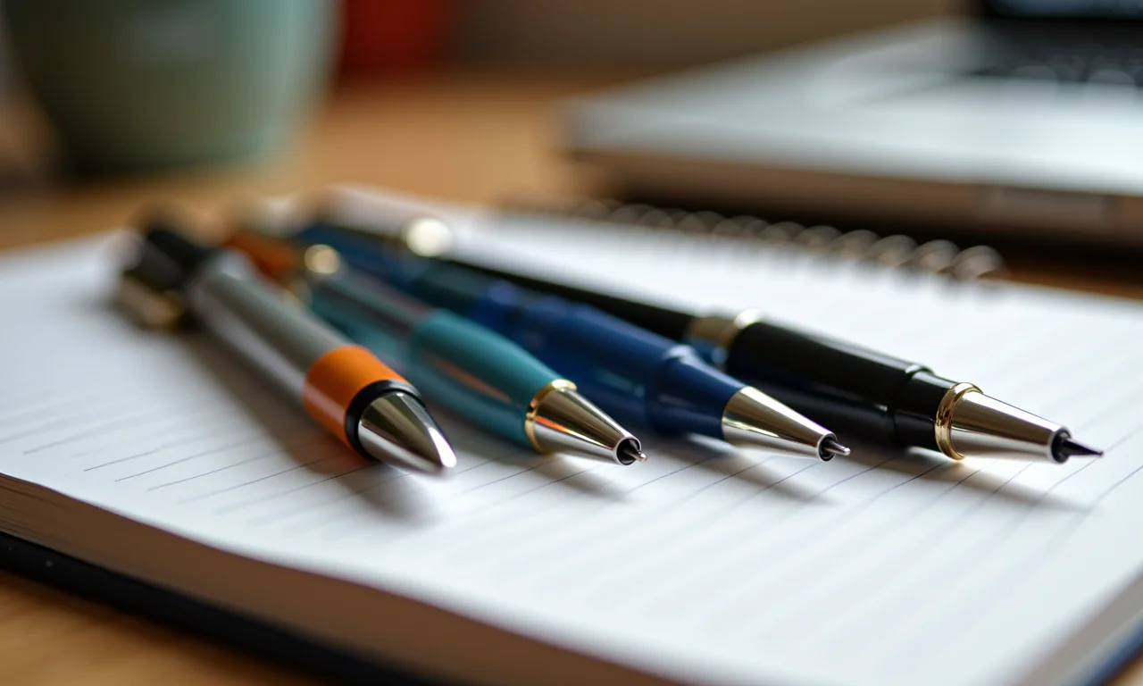 Close-up de diferentes tipos de canetas em uma mesa de madeira com caderno.