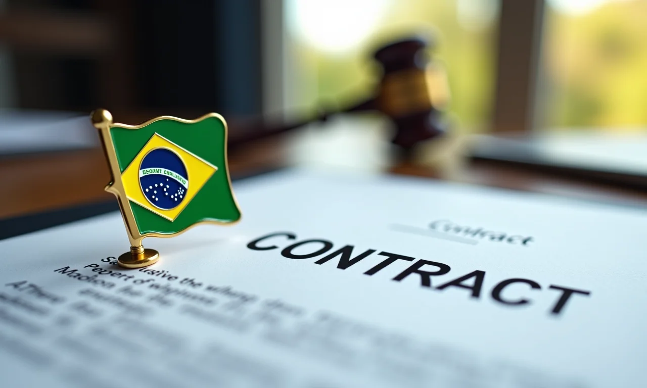 Close-up de um contrato assinado com um broche da bandeira do Brasil, simbolizando acordos legais.