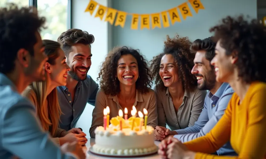 Férias Proporcionais na Demissão Como Calcular o Valor Colegas brasileiros comemoram as férias proporcionais de um colega com bolo e alegria.