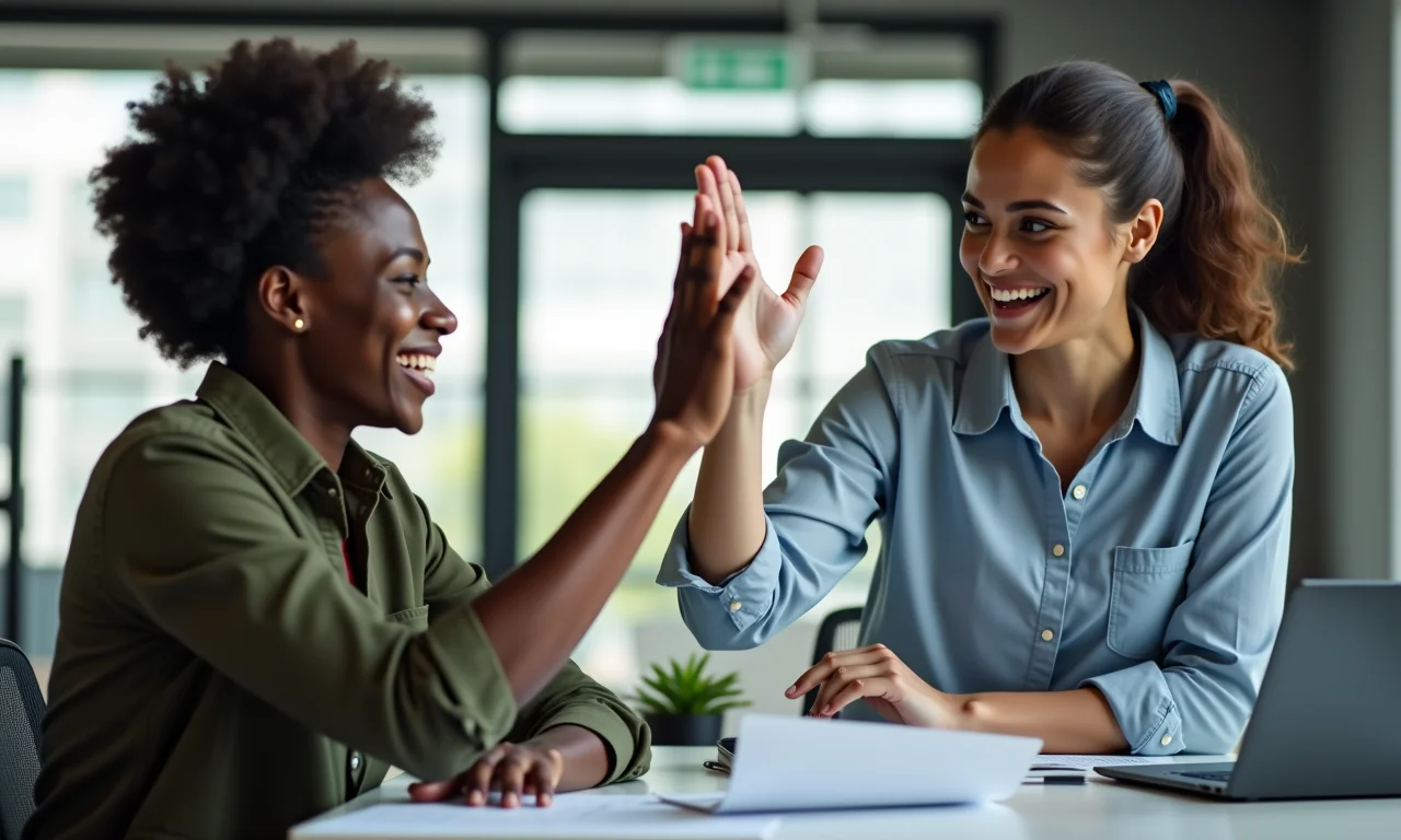 Colegas de culturas diferentes colaborando e celebrando sucesso, mostrando adaptação na prática.