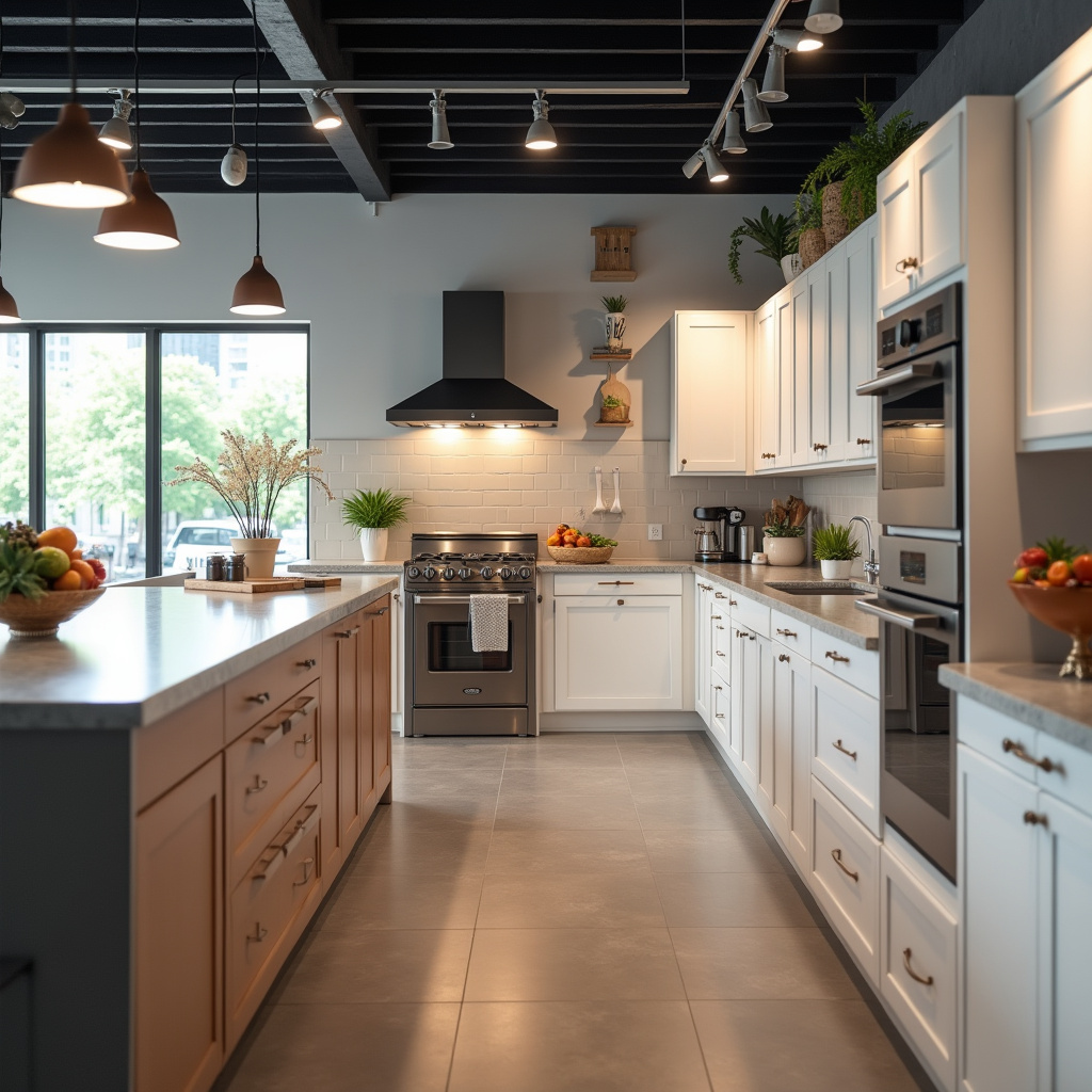 Commercial photography of various kitchen showrooms, highlighting different brands and styles of Análise da concorrência: diferentes lojas de móveis de cozinha.