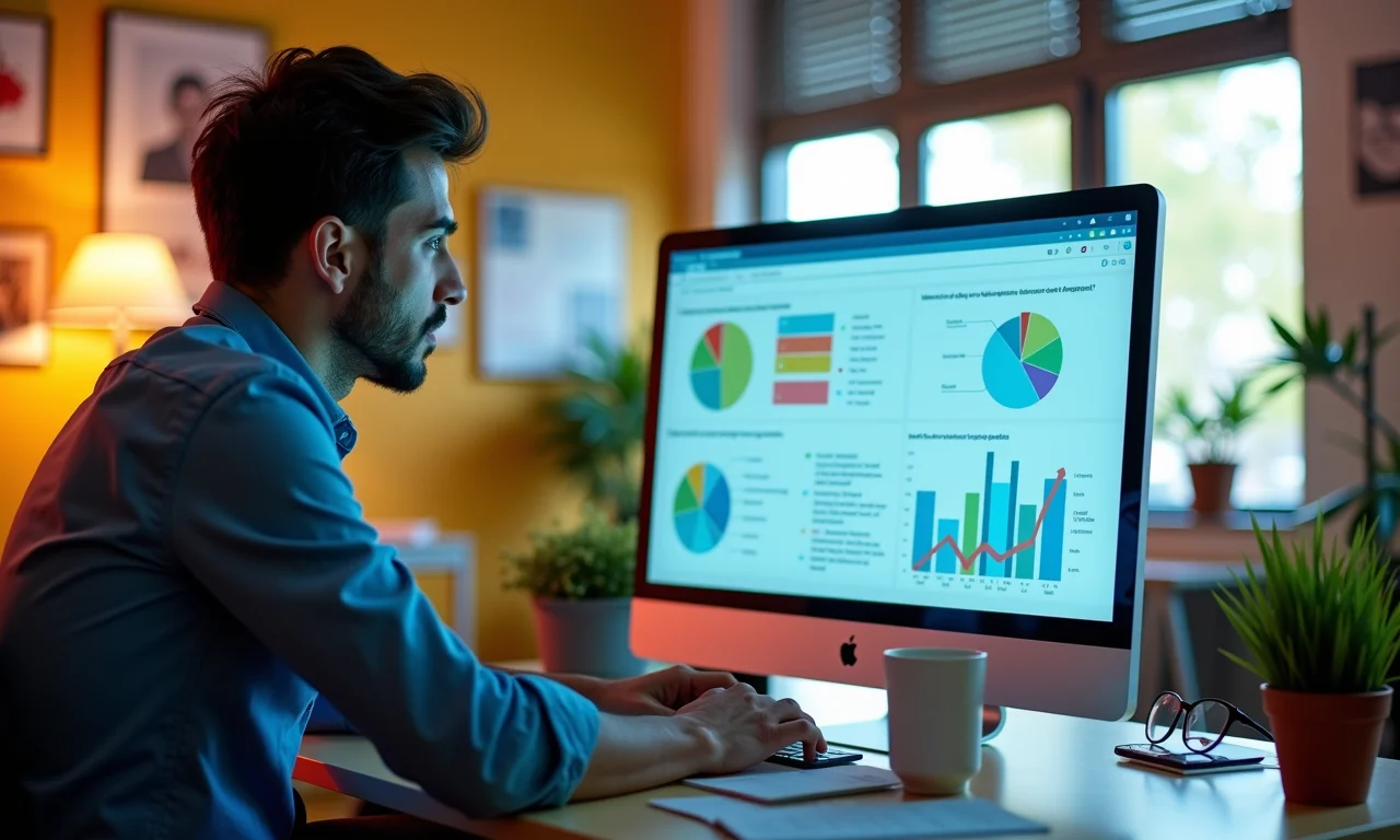 Designer de UX analisando dados de pesquisa em escritório colorido.