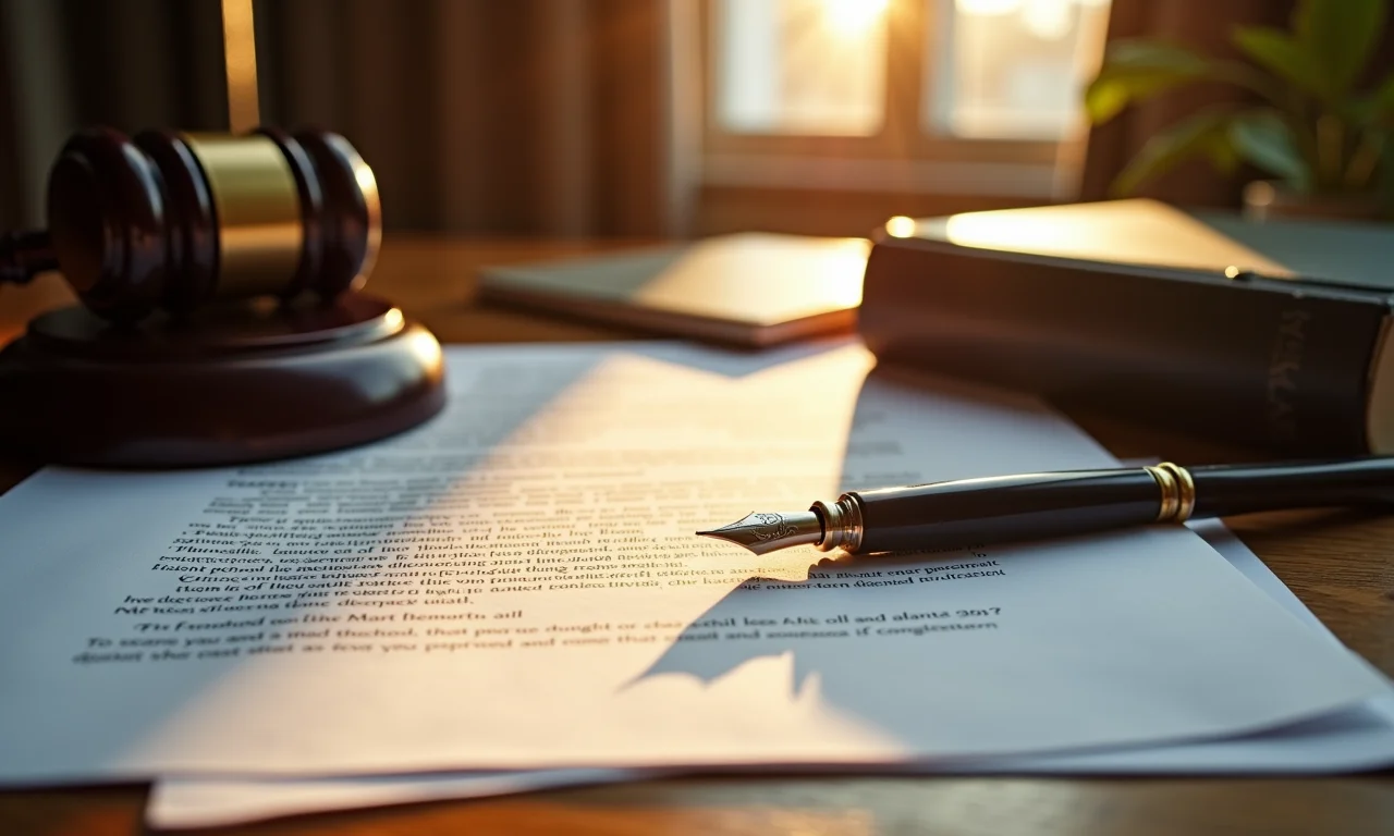 Detalhe de documentos jurídicos e livros de direito em mesa de madeira.