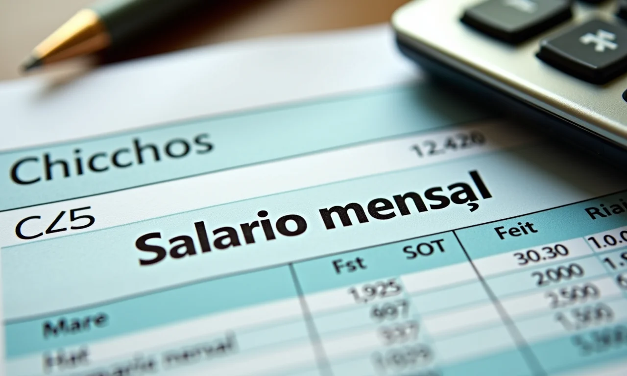 Detalhe de um contracheque com o salário mensal em destaque, ao lado de uma calculadora.