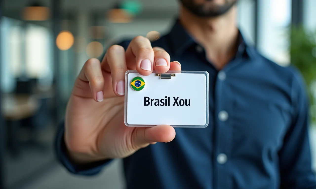 Detalhe de um crachá com nome social sendo exibido com orgulho em ambiente de trabalho.