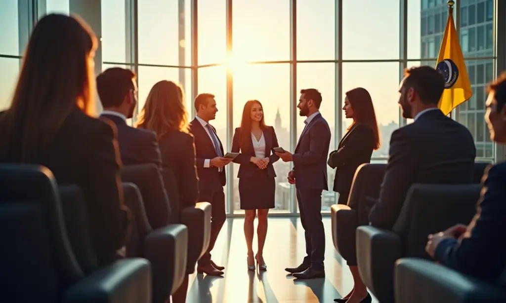 Diplomatas diversos reunidos em embaixada brasileira moderna, discutindo relações internacionais sob luz natural.