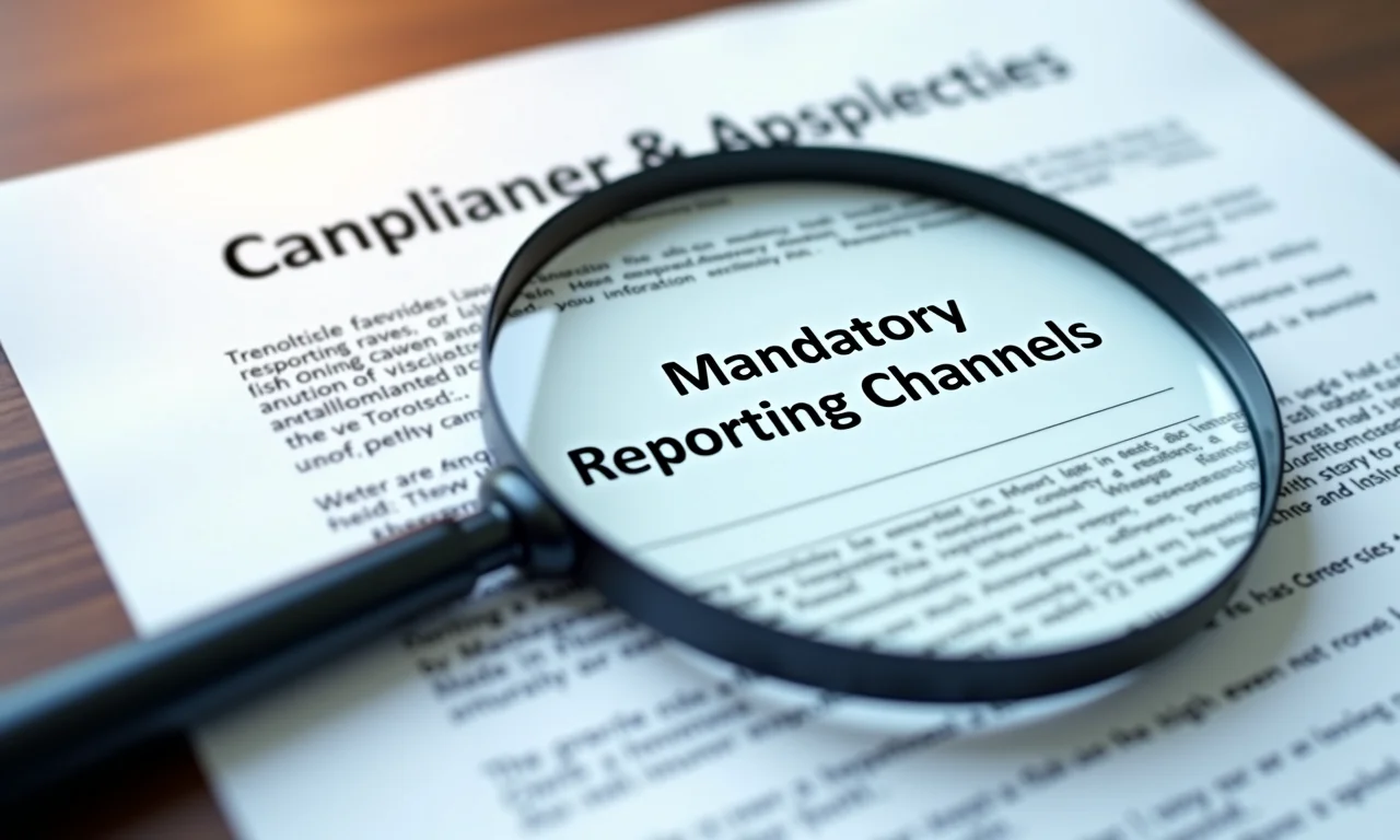 Documentos legais com uma lupa destacando a obrigatoriedade de canais de denúncia nas empresas.