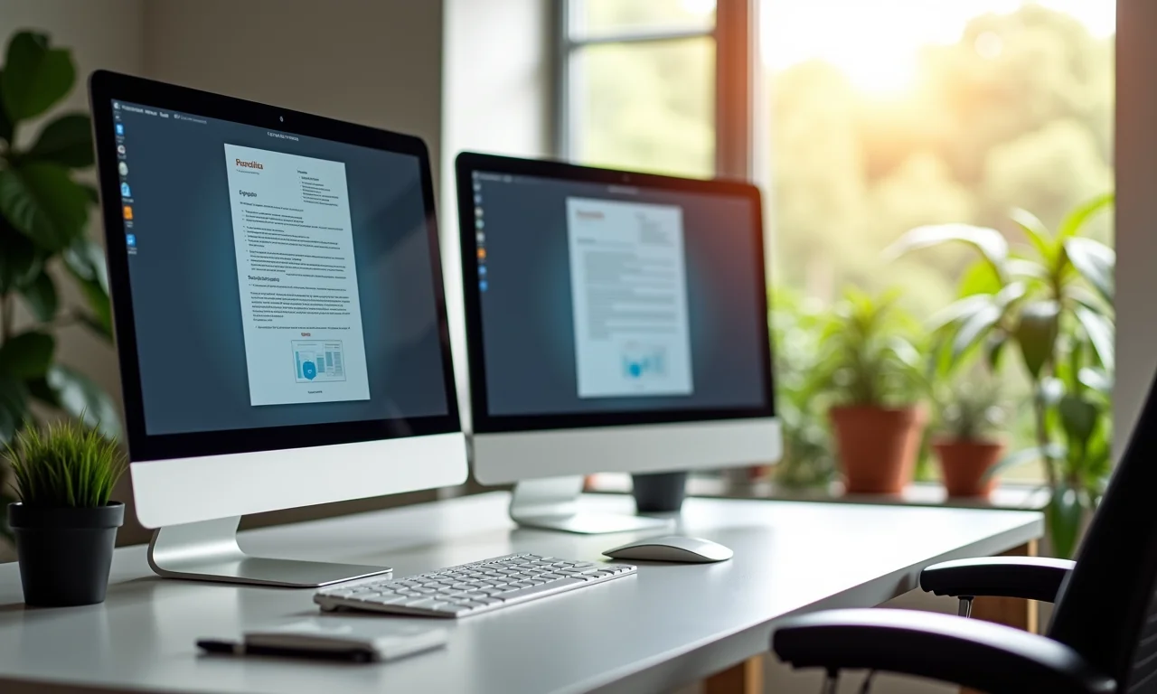 Dois monitores modernos em home office com decoração brasileira.