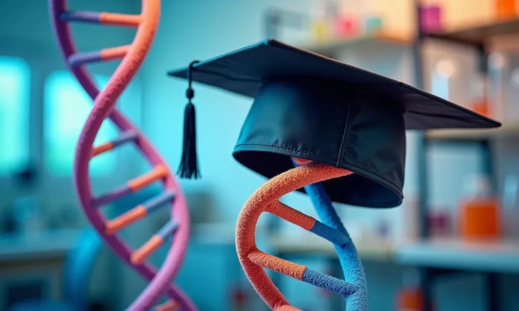 Dupla hélice de DNA com um capelo, representando o estudo da genética.