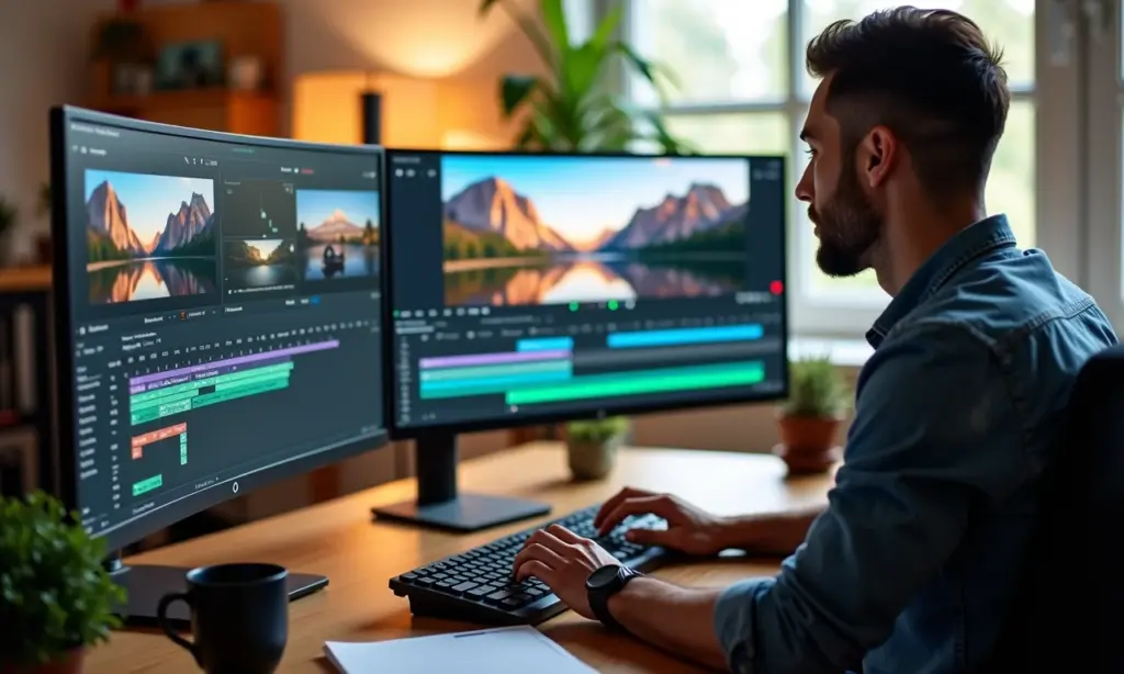 Como Montar um Portfólio de Edição de Vídeo Profissional Editor de vídeo profissional trabalhando em sua estação de edição.
