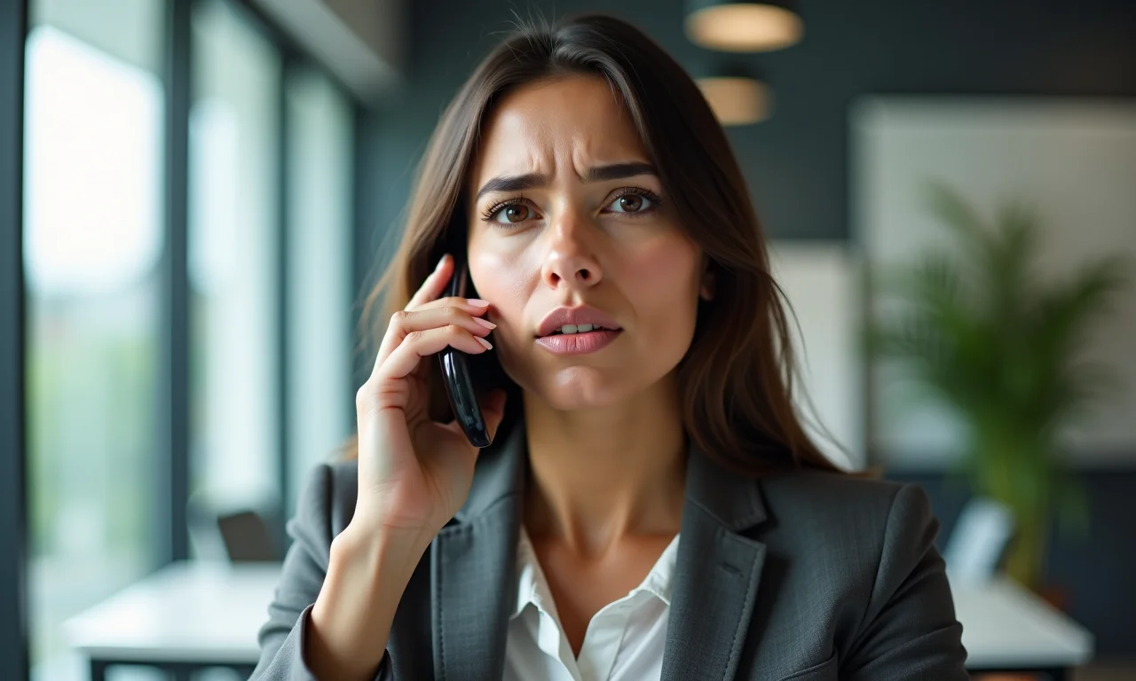 Empresária brasileira ao telefone, expressão frustrada, fundo de escritório borrado, representando problemas com a empresa empregadora.