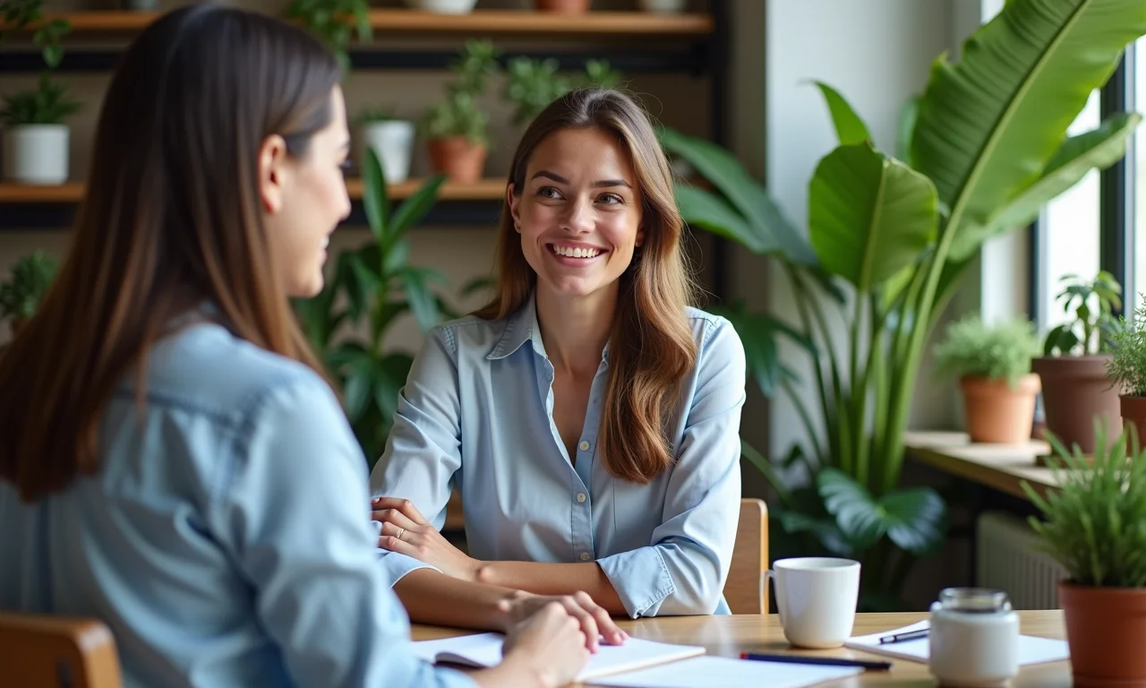 Empresária mediando discussão com calma.