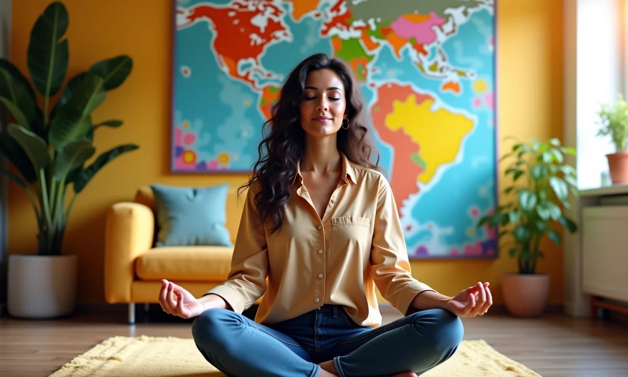 Empresária meditando em escritório vibrante, promovendo inteligência emocional.