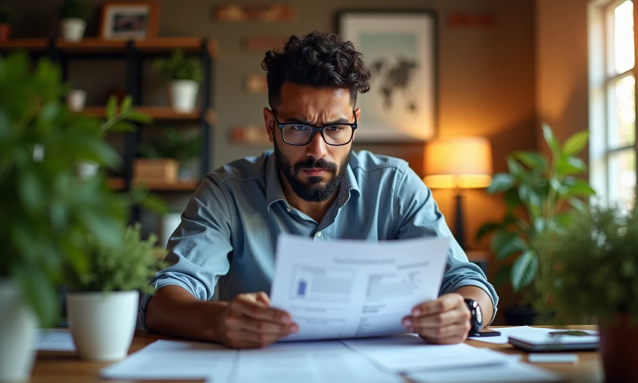Empresário brasileiro analisando documentos financeiros com expressão preocupada.