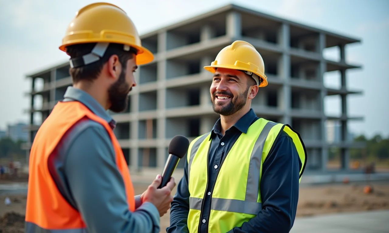 Engenheiro civil dá entrevista em obra em andamento.