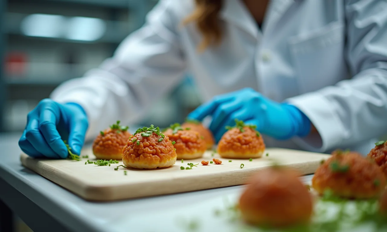 Engenheiro de alimentos desenvolvendo novo produto vegano em laboratório de P&D.