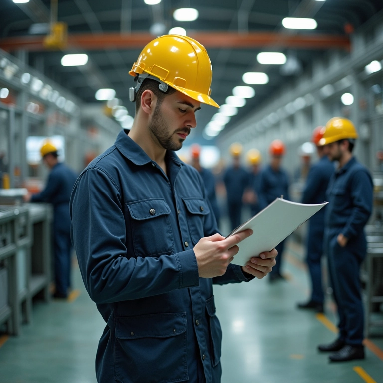 Engenheiro de segurança inspecionando equipamentos em grande indústria.